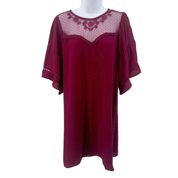 Maroon Lace Trim Short Dress Womens Large Flutter Sleeve Keyhole Back Crew Neck - Picture 1 of 9
